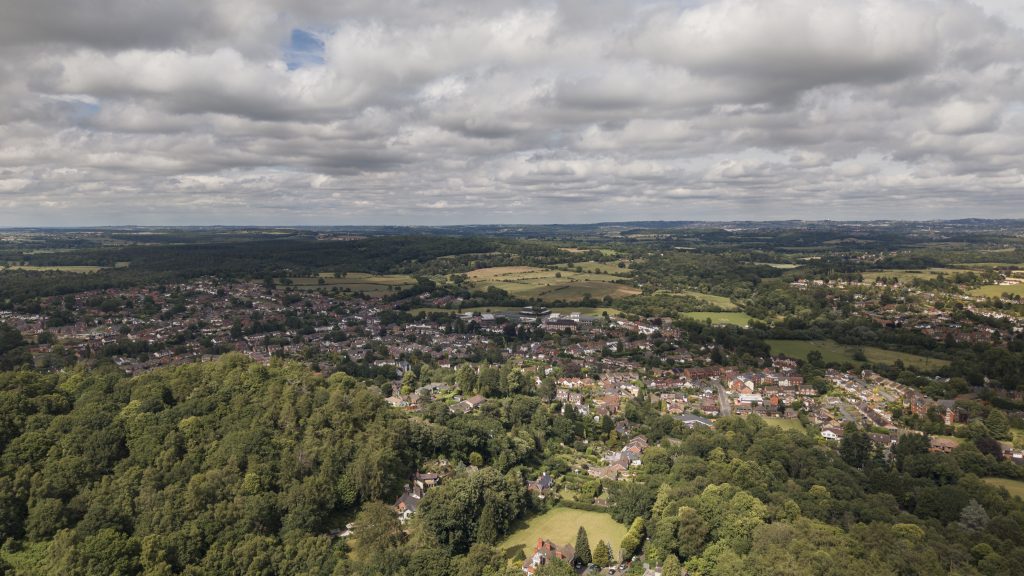 Aerial view across Kinver and the surrounding South Staffordshire countryside